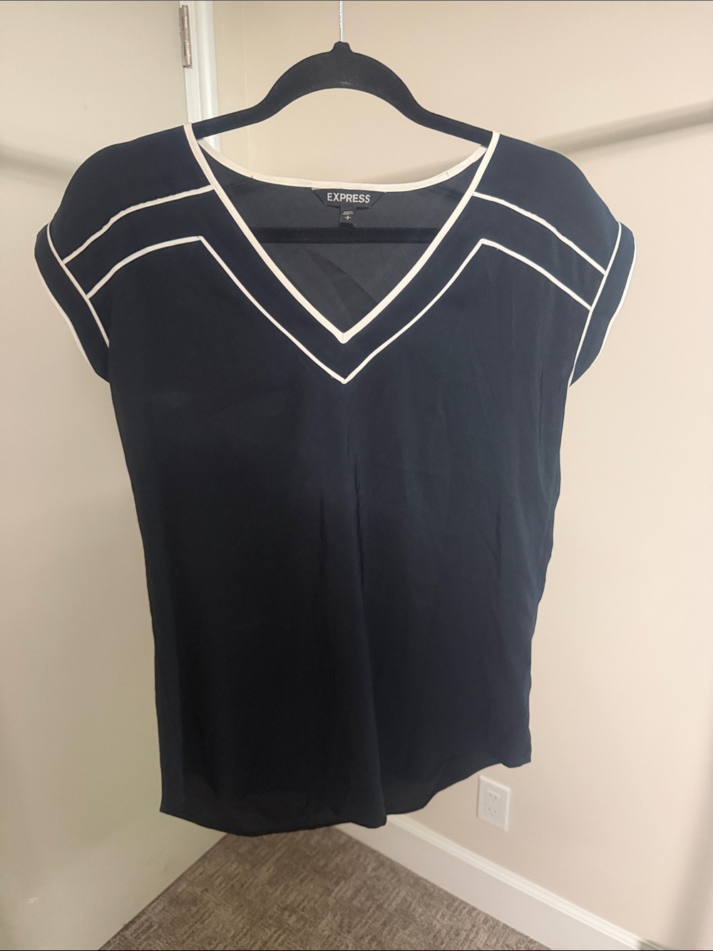 Express Black V-Neck Cap Sleeve Blouse with White Piping